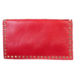 NWT Neiman Marcus Gold Studded Red Leather Clutch with Detatchable Chain Strap